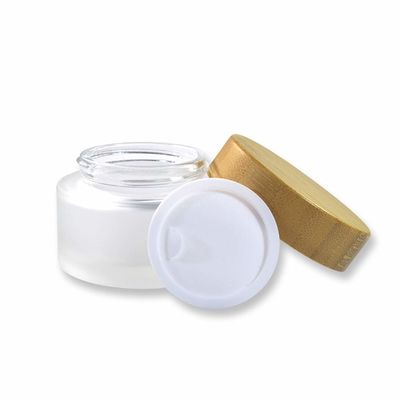 Pele de vidro de vidro geada do cuidado do frasco dos recipientes cosméticos de bambu do creme 50g 15g 30g