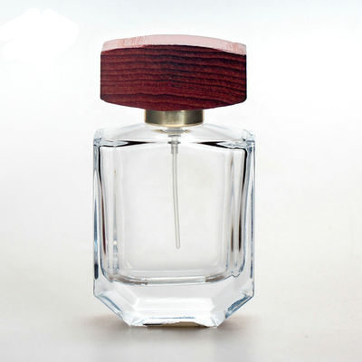 garrafa de perfume de vidro do espaço livre 50ml com os tampões de madeira do collarwith do pulverizador do tampão e da bomba