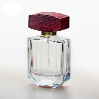 garrafa de perfume de vidro do espaço livre 50ml com os tampões de madeira do collarwith do pulverizador do tampão e da bomba