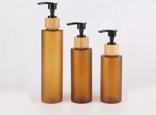 Amber Frosted Shampoo Glass Bottle 100ml 150ml 200ml com a bomba de bambu da loção