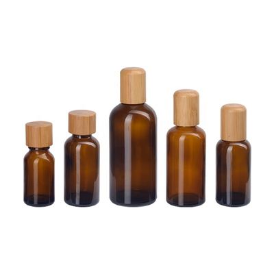 Garrafa de óleo essencial Brown cosmético vazio com o tampão de parafuso de madeira de bambu de 18mm